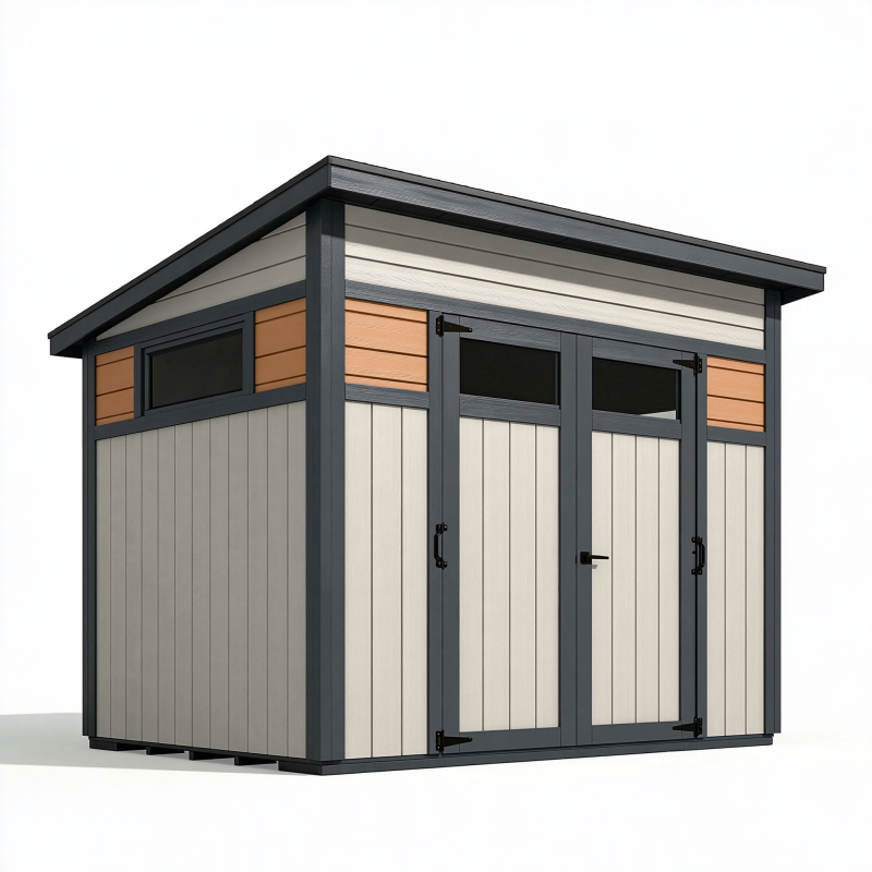 Abri de jardin 200 x 120 x 180 cm en résine gris beige avec double porte et fenêtres