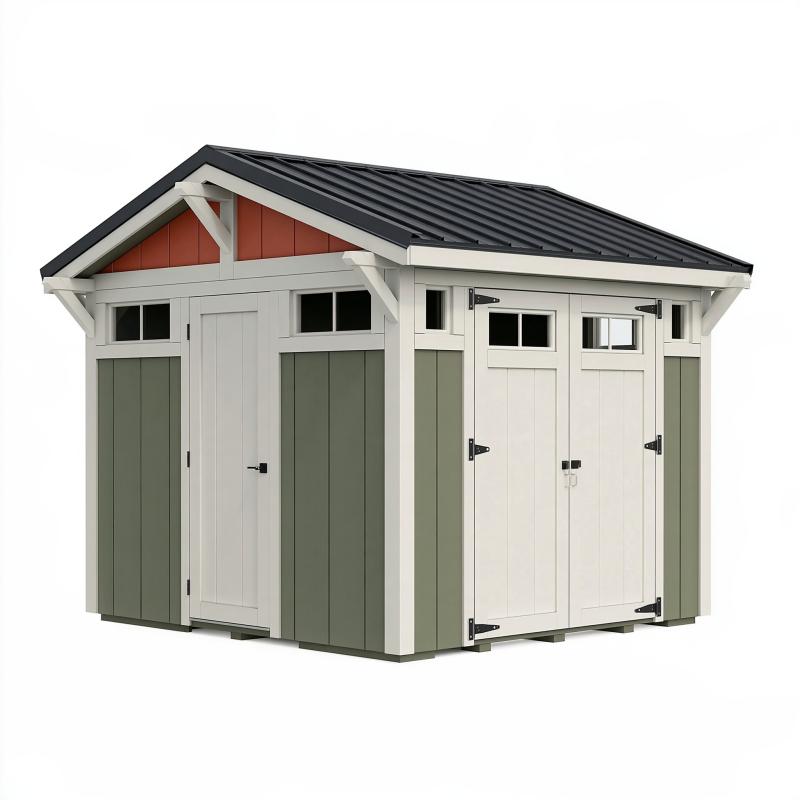 Abri de jardin 300 x 240 x 230 cm en bois vert gris et blanc avec toiture métallique