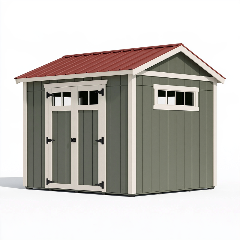 Abri de jardin 240 x 180 x 220 cm en résine vert olive avec toit rouge