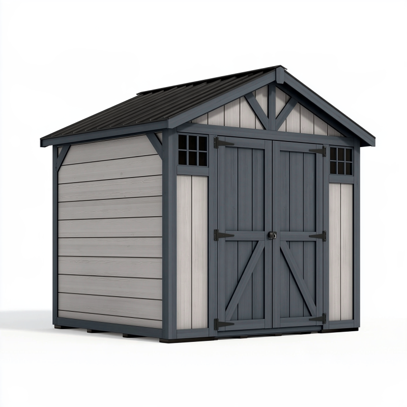 Abri de jardin 213 x 123 x 190 cm gris anthracite en résine avec doubles portes style grange