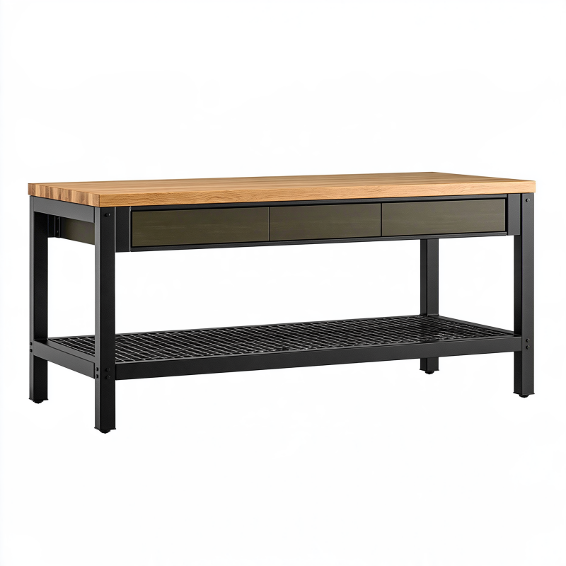 Établi de rangement 120 x 60 x 85 cm en acier et bois noir marron avec 3 tiroirs et étagère