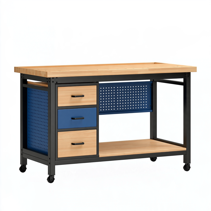 Établi mobile 120 x 60 x 90 cm en bois et acier noir bleu avec tiroirs