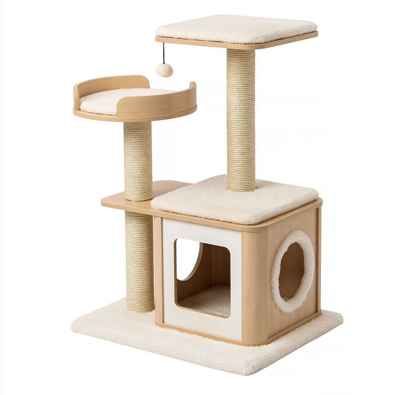 Arbre à chat 60 x 60 x 120 cm en bois beige avec poteaux en sisal et niches