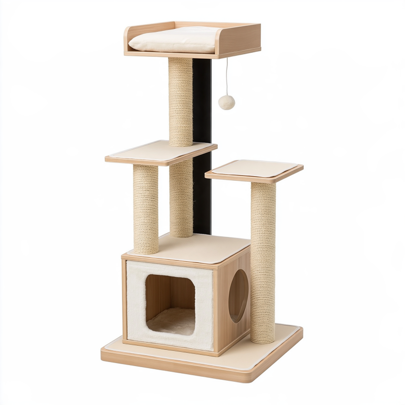 Arbre à chat 60 x 50 x 145 cm en bois beige avec poteaux en sisal et niche