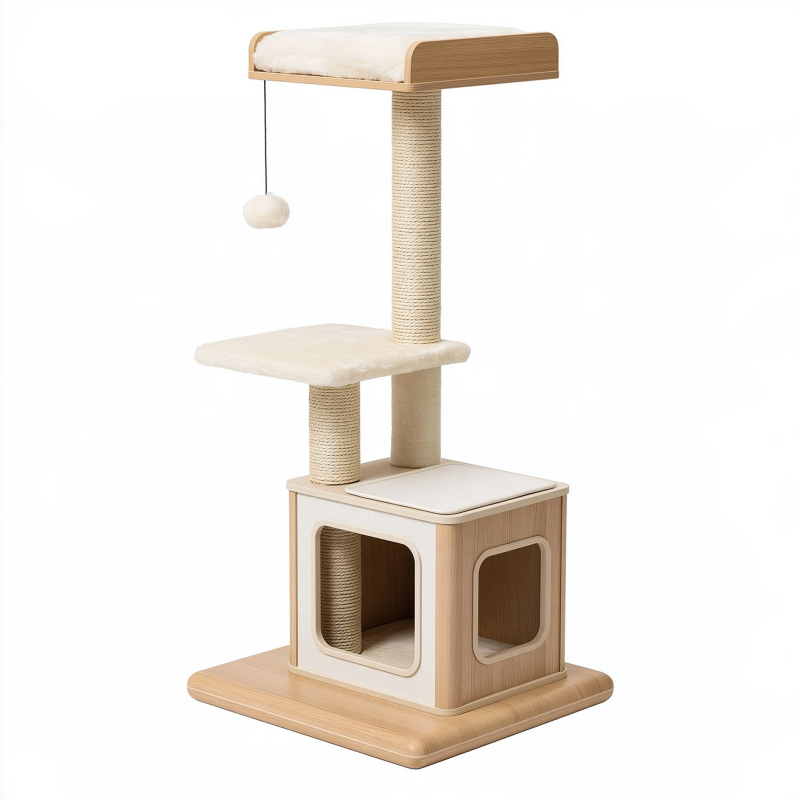 Arbre à chat 60 x 60 x 150 cm en bois beige avec griffoirs en sisal et niche