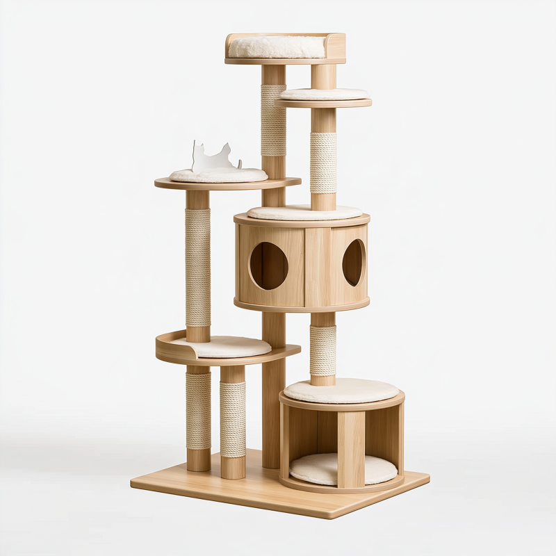 Arbre à chat 60 x 50 x 170 cm en bois beige avec poteaux en sisal plateformes et niches