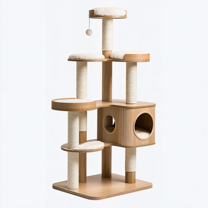 Arbre à chat 60 x 50 x 160 cm en bois beige avec griffoirs et niche