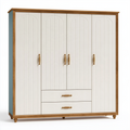 Armoire 180 x 55 x 200 cm en panneaux de bois blanc et bois naturel à 4 portes avec 2 tiroirs style classique