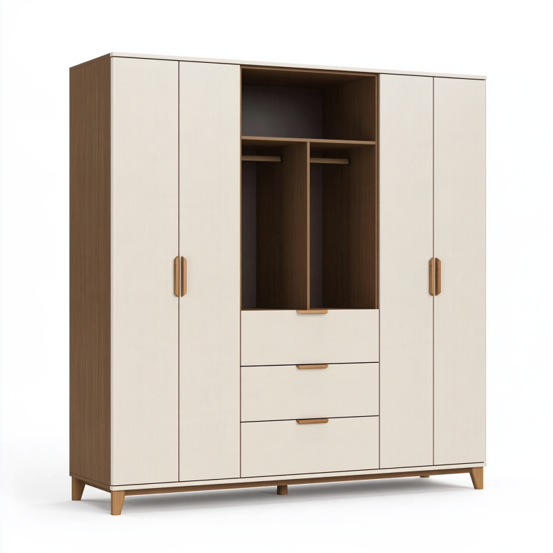 Armoire 180 x 55 x 200 cm en panneaux de bois beige et marron avec penderie et tiroirs