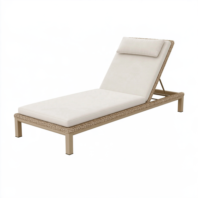 Bain de soleil 200 x 70 cm en métal et tressage synthétique beige pour extérieur avec dossier réglable