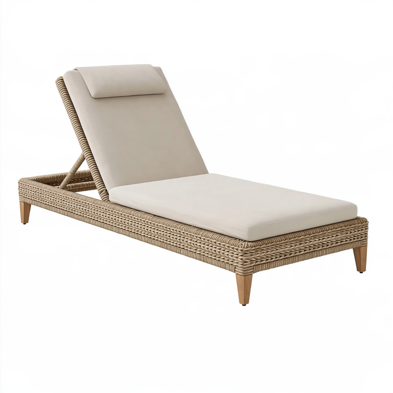 Chaise longue de jardin 200 x 70 cm en fibres synthétiques tressées beige avec dossier inclinable