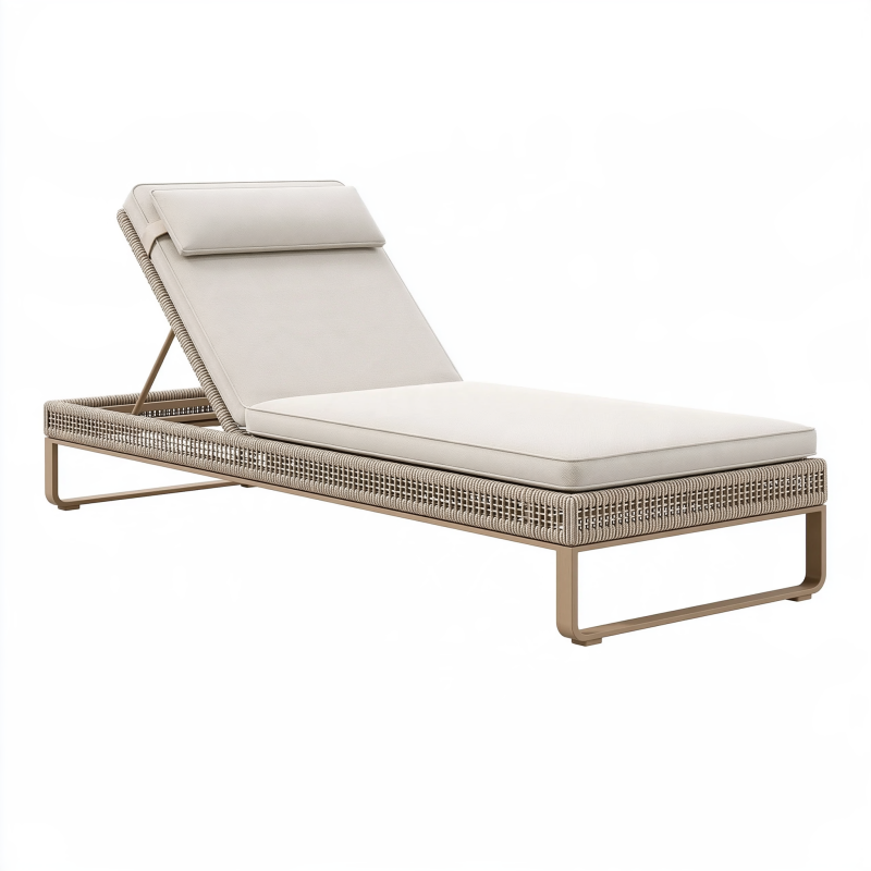 Chaise longue de jardin 200 cm en résine tressée beige avec dossier réglable