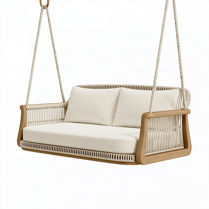 Balancelle suspendue 2 places 160 x 75 x 65 cm bois et corde beige style naturel