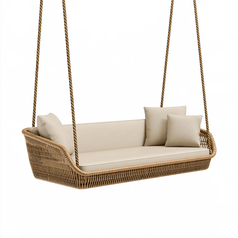 Balancelle suspendue 2 places 180 cm en rotin tressé beige pour extérieur couvert