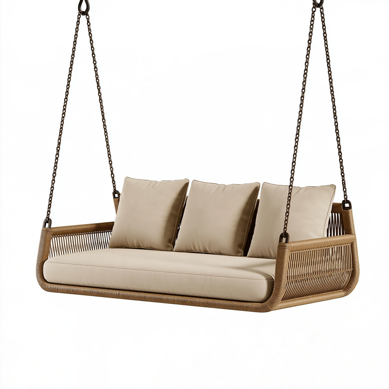 Balancelle de jardin 180 cm en rotin beige à trois places suspendue