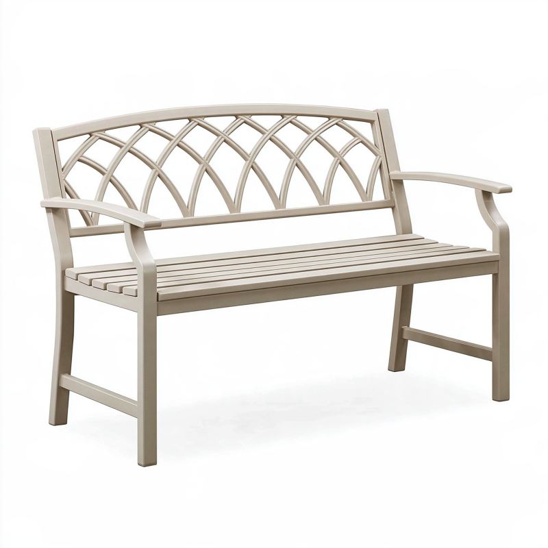 Banc de jardin 120 x 60 x 90 cm en métal beige à dossier ajouré