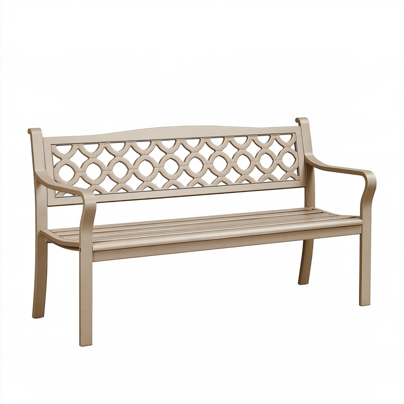 Banc de jardin 125 cm en métal beige à dossier ajouré décoratif