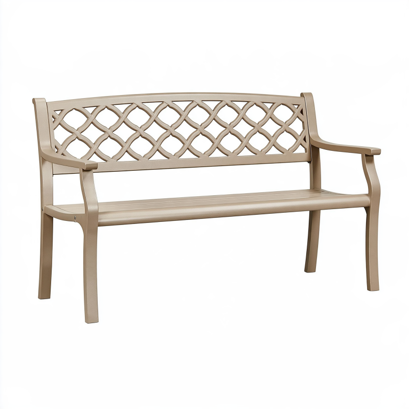 Banc de jardin 122 cm en plastique beige à dossier ajouré avec accoudoirs