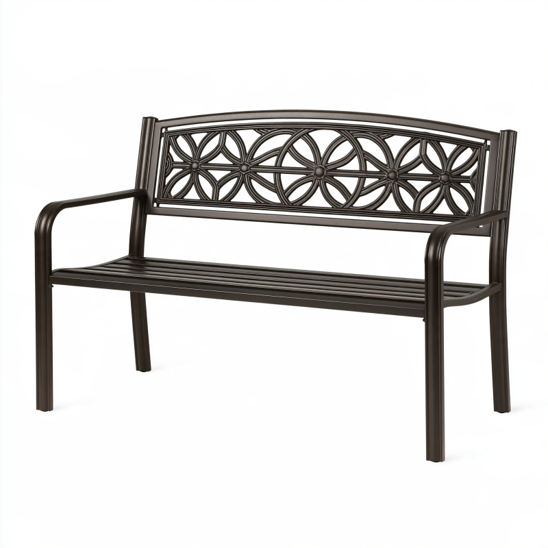 Banc de jardin 122 x 62 x 88 cm en métal brun avec dossier décoratif