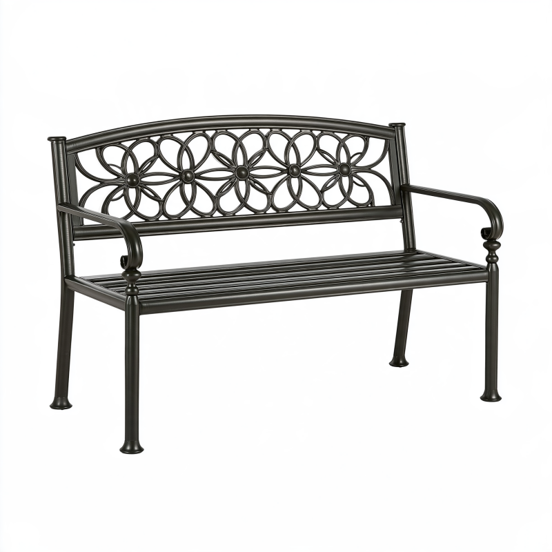 Banc de jardin 127 x 61 x 91 cm en métal noir à dossier floral
