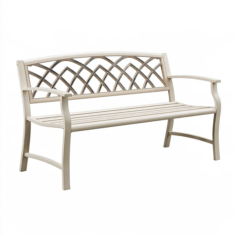 Banc de jardin 122 x 61 x 92 cm en métal beige à dossier ajouré pour extérieur