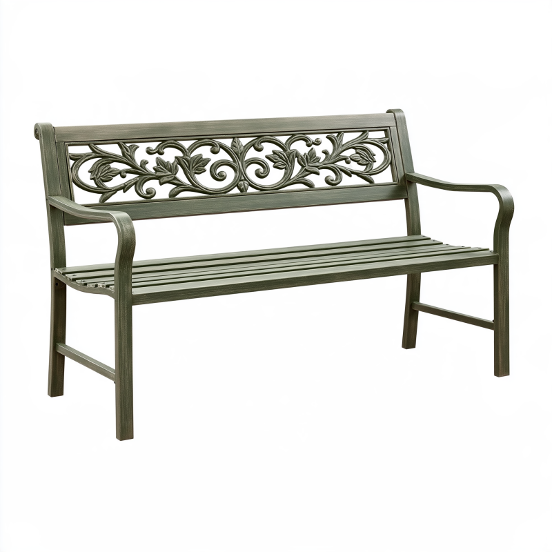 Banc de jardin 122 x 62 x 89 cm en métal vert antique à dossier ajouré