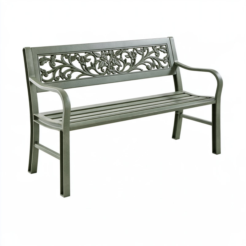 Banc de jardin 122 x 58 x 88 cm en métal vert foncé à dossier décoratif