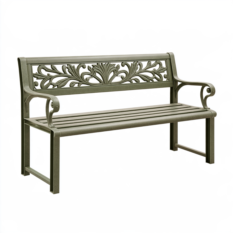 Banc de jardin 122 cm en métal vert foncé à dossier ajouré décoratif