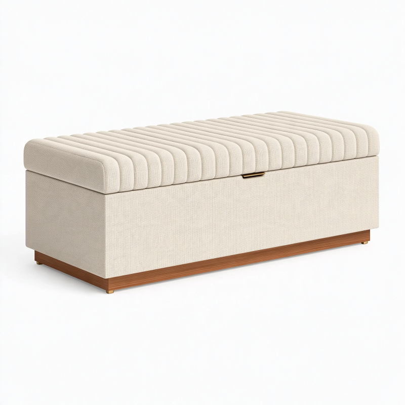 Banc de rangement 120 x 45 x 48 cm en tissu beige avec base effet bois et assise capitonnée