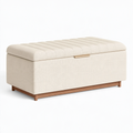 Banc coffre de rangement 120 x 45 x 45 cm en tissu beige avec base en bois style contemporain