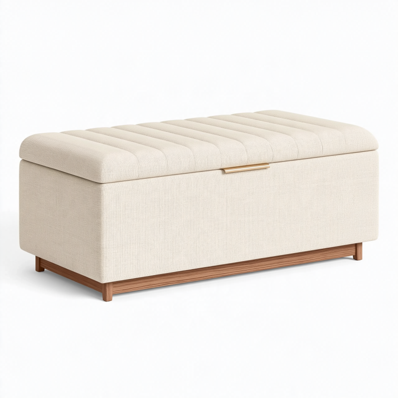 Banc coffre de rangement 120 x 45 x 45 cm en tissu beige avec base en bois style contemporain