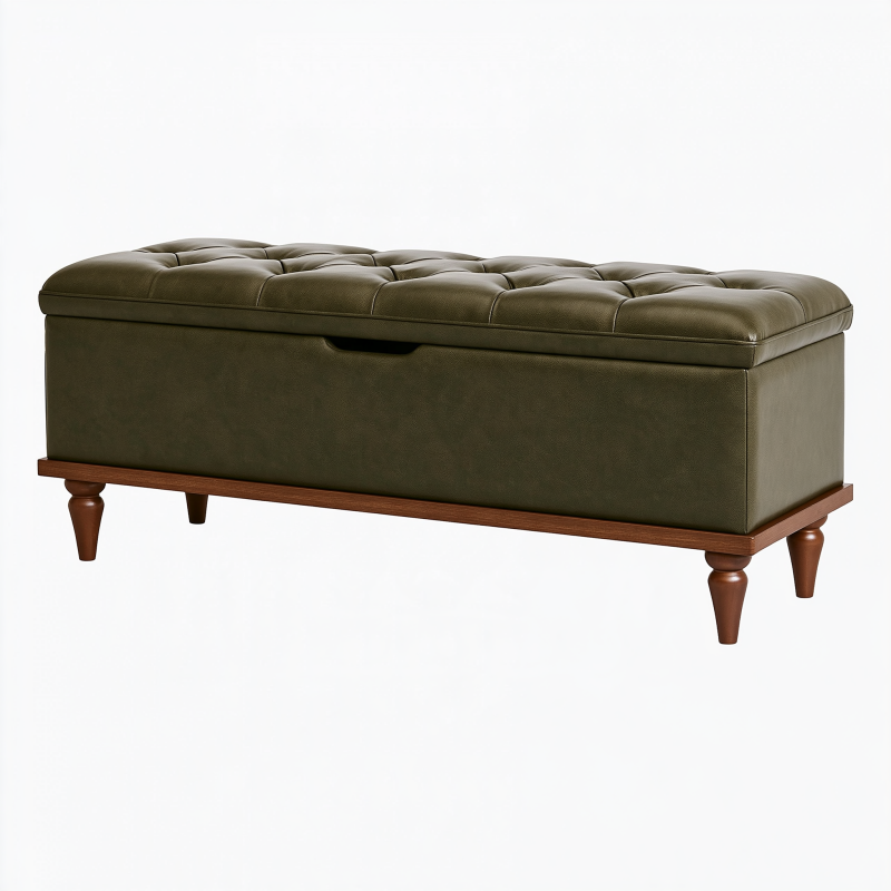 Banc coffre 120 x 45 x 48 cm en similicuir vert olive avec pieds en bois style capitonné