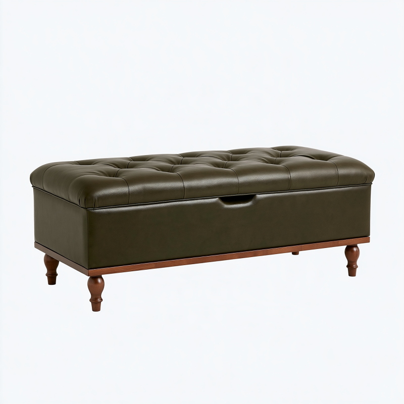 Banc coffre de rangement 120 x 45 x 48 cm en similicuir vert olive capitonné style classique